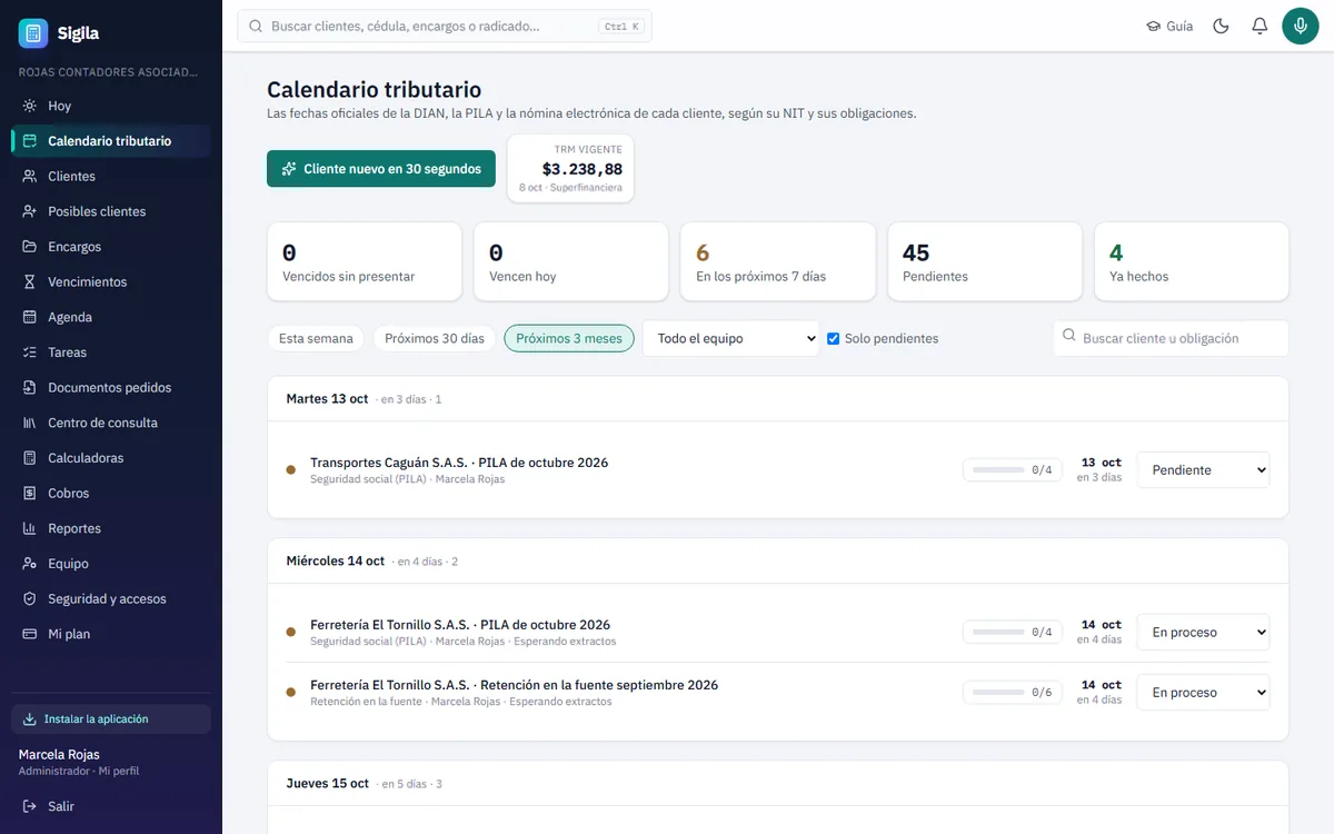 Calendario tributario de todos los clientes con sus vencimientos
