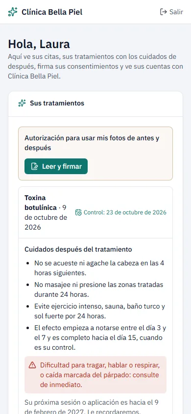 Portal de la paciente con los cuidados después del tratamiento