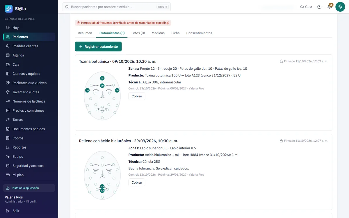 Tratamientos de una paciente con el mapa de la cara, las dosis y los lotes