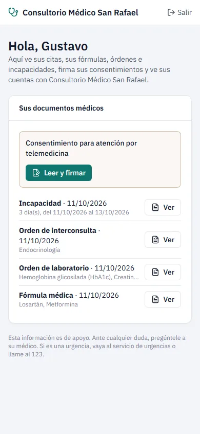 Portal del paciente con su fórmula, órdenes e incapacidad