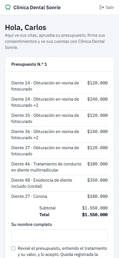 Presupuesto para aprobar desde el celular del paciente